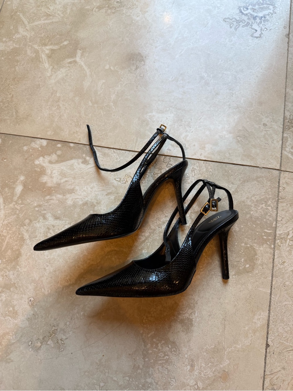Never worn Zara Black Pointed Snakeskin-Effect Stiletto Slingbacks